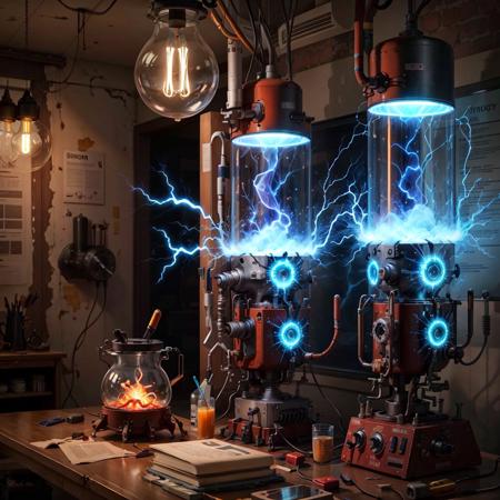 , <lora:teslapunkai2:.5> , teslapunkai,  retro-futuristic,  plasma and lightbulbs for breakfast ,   electricity   powered