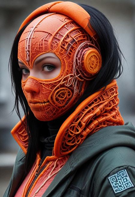 mechanical parts, wires, cables, cyberpunk, closeup portrait of a orange with a masked face, pastel teal/black colored, assassinkahb style, closeup photo of an wired-cyborg assassin with robot face wearing a pink high collar hooded parka with technical macro writing resembling an qr-code//bar-code on the back, solo, woman, high collar parka, upper body,, female focus, black long hair in wind, weapon, clothes writing,  flag