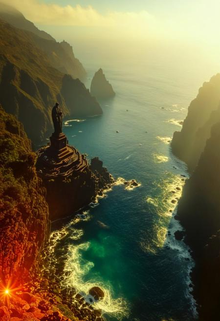 A hyper-realistic image of Ponta do Garajau, Madeira, Portugal. The scene features the rocky coastline with clear waters, showcasing the natural beauty of the Garajau Natural Reserve. In the background, the imposing statue of Cristo Rei stands at the top of a coastal ravine, facing the Atlantic Ocean. The image captures a sunny day with a slight haze, emphasizing the biodiversity and serenity of the area. Ultra-high detail, 8K resolution, and a cinematic perspective. Sunlight casts a warm glow on the rocks and the statue, highlighting the textures and colors of the natural environment
