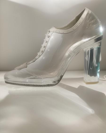 epic shot of a oxford brogue formal shoe made of white (transparent glass) <lora:glasssculpture_v8:1> transparent glass, studio lighting, cinematic glass slipper