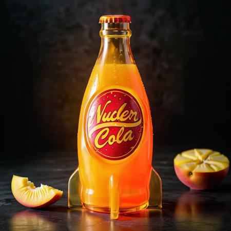 For a realistic depiction of 'Nuclear Cola - Mango Fusion', imagine a sleek, futuristic soda bottle that emits a soft, neon glow, hinting at the exotic mango flavor within. The vibrant label showcases a dynamic, atomic-themed logo, with 'Nuclear Cola - Mango Fusion' written in bold, lively typography. Shades of orange and yellow swirl around the bottle, evoking the essence of ripe, juicy mangoes. The bottle appears refreshingly chilled, with droplets of condensation shimmering under a luminous, contemporary light, set against a backdrop that combines cutting-edge refrigeration with a tropical ambiance. This scene captures the innovative spirit of a high-energy beverage, infusing the familiar Nuclear Cola with a tantalizing, sci-fi twist of mango <lora:nukacolas:0.75>