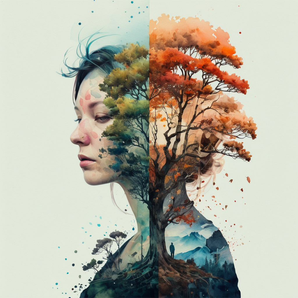four seasons on a tree, wonderful artistic watercolor painting by Brandon Kidwell, Andreas Lie, Dan Mountford, Dan Hillier, Conrad Roset, Erik Johansson, Yoshitaka Amano, Agnes Cecile,James Jean, intricate, mesmerizing, cinematic lighting, highly detailed, smooth, sharp focus, perfect balanced style, vivid ink, amazing depth, complementary colors, whimsical, double exposure, depth of field, split image  <lora:Double Exposure XL0.7>  <lora:Double_Exposure:0.7>