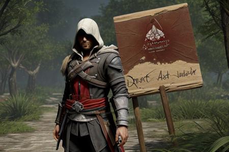 masterpiece,hd quality,8k,super quality,highly detailed,ASSASSINS CREED EZIO AUDITORE in dark detroit jungle , holding a sign "IM DIVYANSH VERMA,A 3D GENERALIST,PLEASE, I NEED MORE FOLLOWERS AS AN 3D ARTIST,..."