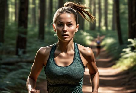 photorealistic, woman running in forest, wearing sportswear, cleavage cutout top, ponytail, very detailled background, raw photo, very high resolution, every details are fully rendered, deep shadows, high contrast, vivascious color