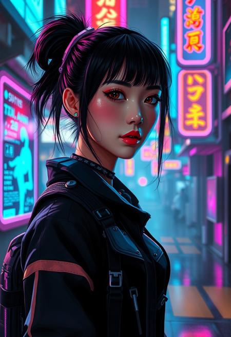A portrait of a cyberpunk asian girl character in a neon-lit urban environment . The scene is detailed and realistic, emphasizing the futuristic, cyberpunk  aesthetic. The setting is immersive, with intricate details like holographic displays