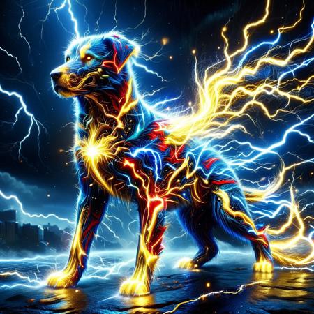 made of golden and blue and red and yellow and purple lightning thunder trails, lthndrtrl, A heroic canine figure, clad in a dynamic superhero suit that crackles with raw, visible thunder energy. The suit might feature bolts of lightning as accents, glow with an electric blue or white light, and even seem to hum with power. The dog's expression should convey determination and bravery, ready to unleash the power of the storm, surreal and intense, Masterpiece level quality, soft lighting, bright lighting, sharp focus, fine details, high quality, precise, high resolution, 4k, 8k,