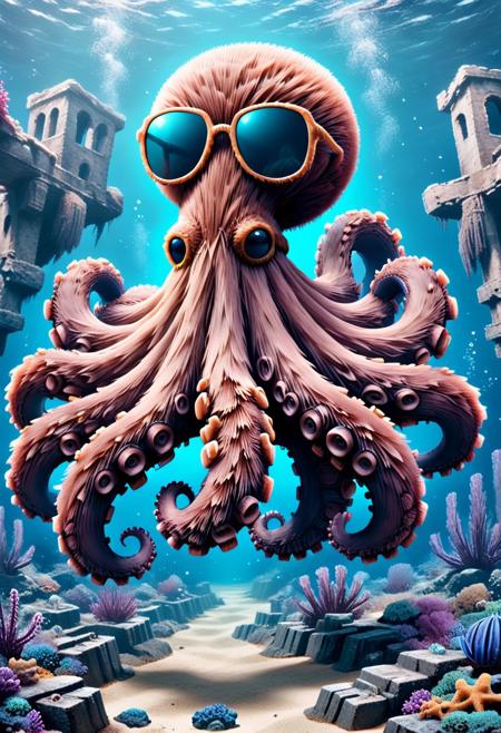 embedding:lazympos, octopus made of w00kiee, underwater ruins, wearing sunglasses