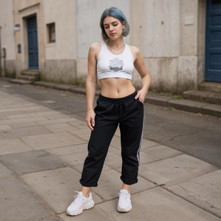 25-year old, y2kstr33twear, female, standing, blue hair. thin white crop top. BREAK black hip hop pants with silver inticate design. white trainers<lora:y2kstr33twear:0.30>