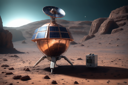 a copper orbital satellite with solar panels, floating in space, solo, a copper weather station with sensors, on a Martian desert, futuristic excavation site with alien ruins, scanning equipment, dusty air, a copper scanner on a table, detailed background, landing on a lunar pad, gear extended, dust swirling, wide shot, best quality, vibrant colors, 3D render style, sharp contrast, soft pastel tones, muted blues and yellows, dim light, wide shot, <lora:MadeOfCopper01_CE_SDXL:1>