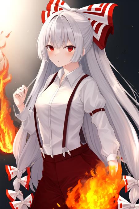 masterpiece, best quality, highres, solo, {fujiwara_no_mokou_touhou:1.10}, long_hair, bow, hair_bow, red_eyes, white_hair, very_long_hair, suspenders, bangs, fire, white_bow, hair_ribbon