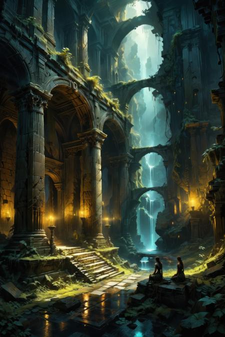 Lost Land of Ancient Advanced Civilization, A forgotten kingdom and mysterious ruins, cinematic lighting, secrets and forgotten knowledge, Masterpiece, digital painting, deep shadow, art by Charlie Bowater and Iryna Yermolova and Carne Griffiths and Frank Frazetta, dark ambience, moody lighting, volumetric lighting, cinematic lighting, epic (high quality:2.5) ethereal, painterly, epic, majestic, magical, stunning, something that even doesn't exist, energy, molecular, textures, iridescent and luminescent scales, breathtaking beauty, pure perfection, divine presence, unforgettable, impressive, breathtaking beauty, Volumetric light, auras, rays, vivid colors reflects<lora:xl_more_art-full_v1:0.5 > <lora:add-detail-xl:1> <lora:ahxl_v1:1><lora:xl_more_art-full_v1:0.5>  <lora:add-detail-xl:1>