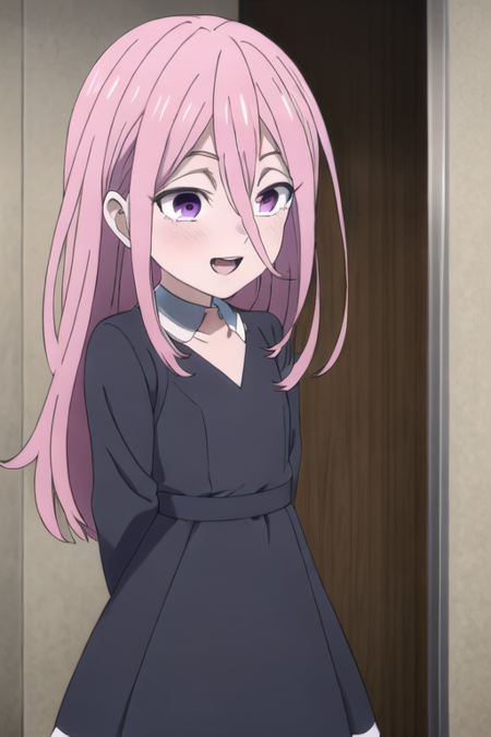 pink hair, long hair, hair between eyes, anime coloring, 1girl, purple eyes, ponytail, bangs, v-shaped eyebrows