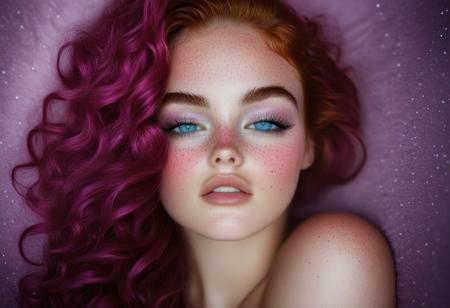 This is a high-resolution, highly detailed photograph of a young woman with an ethereal, dreamy quality. She has light, creamy skin and striking, piercing blue eyes that are wide open, gazing directly at the camera. Her face is covered in tiny, sparkling snow specks, likely a makeup effect, which adds a magical, otherworldly glow to her appearance. Her skin is dotted with freckles, particularly prominent on her nose and cheeks. 
Her long, wavy hair is a vibrant, neon purple, cascading down her shoulders, and adored with tiny lilac blossoms blending into her surroundings.rockabilly style, 1girl, freckles, solo, flower, looking at viewer, pink hair, pink flower, long hair, eyelashes, portrait, 1950's