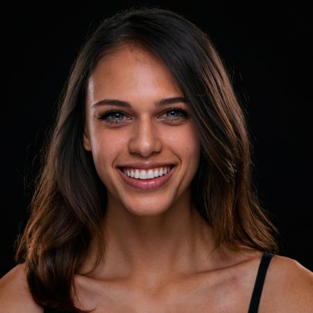 studio portrait of T1T0N, black background, light makeup, smile