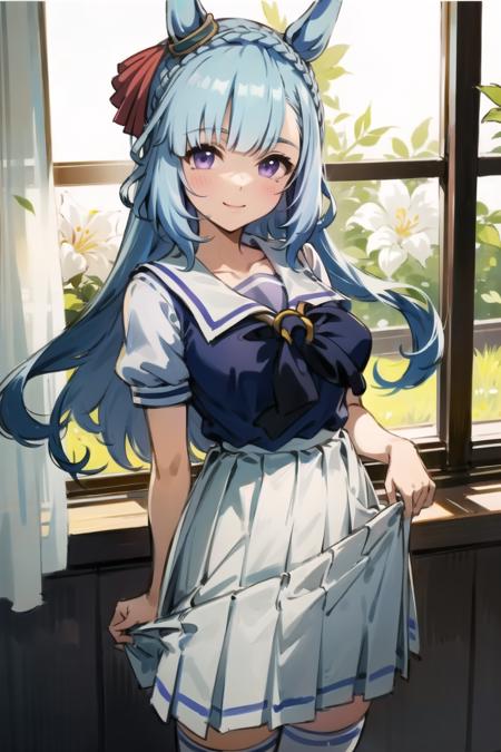 best quality,masterpiece, high res,original, beautiful detailed eyes,ultra-detailed, mejiro ardan \(umamusume\), tracen school uniform, school uniform, looking at viewer, smile, skirt, white skirt, indoors, skirt hold, flower, vase, short sleeves, blush, window, thighhighs, breasts, skirt lift, pleated skirt, sailor collar
<lora:mejiroardanlove:1>