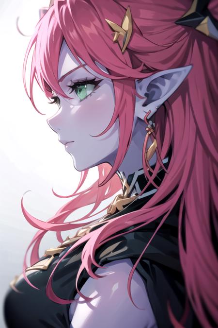 <lora:Ley-04:0.7>, leygc, 1girl, solo, long hair, green eyes, hair ornament, jewelry, pink hair, earrings, pointy ears, from side, profile, colored skin, portrait