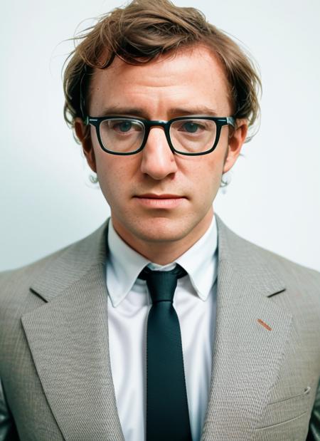 ( <lora:WoodyAllen:1>) a close up Portrait photo of (wa1) man with messy hair and glasses, Detailed face, (perfect eyes), (highly detailed skin:1.1), perfect body, wearing a ((suit and tie)), Modelshoot style, Professional Photography, soft lighting, PHOTOREALISTIC, Realistic, standing in a ((white background)), . RAW, analog style, sharp focus, 8k, HD, DSLR, high quality, Fujifilm XT3, film grain, award winning, masterpiece,