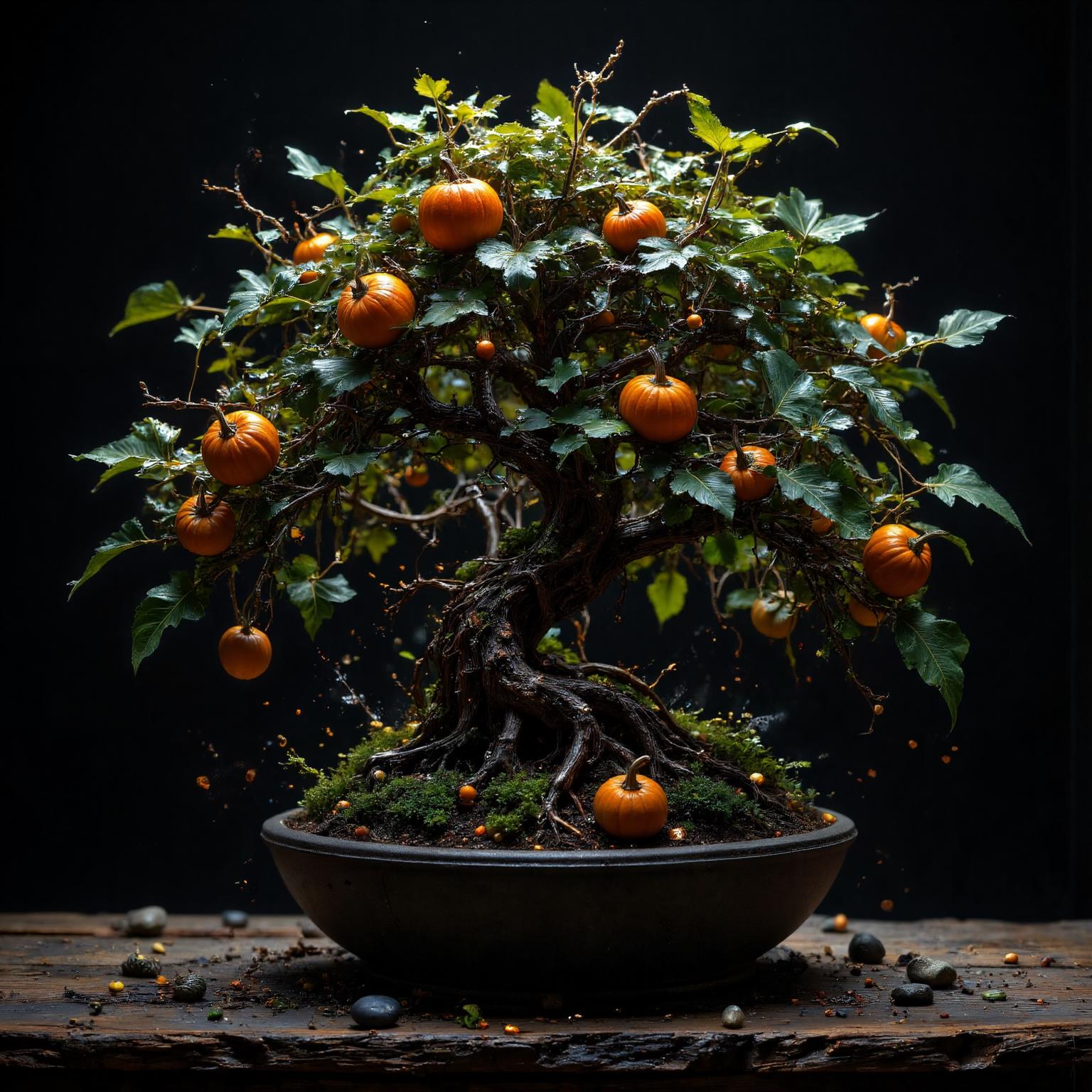 A bonsai tree with little pumpkins growing in the tree, in a plain dark grey low stone pot that stands boringly on a bland completely black surface with a black background. dramatic lighting