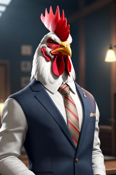 Hyperrealistic art <lora:AnimAl P FFusion:1> there is a man in a suit and tie with a rooster head, character render, unreal engine character art, the chicken man, anthropomorphized chicken, substance painter 3d, 3 d character art, realistic 3d model, 3 d artist, 3 d render character art 8 k, unigine render, pbr render, hard surface character pinterest . Extremely high-resolution details, photographic, realism pushed to extreme, fine texture, incredibly lifelike