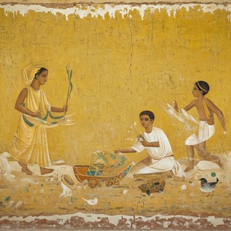 A captivating ancient scene, 2 children are playing happily with their toys. fayoum, fresco, paint
