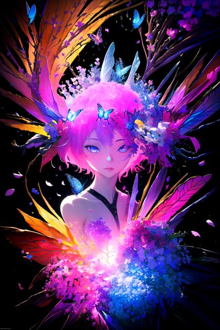 (masterpiece, best quality, highres), 1girl, solo, abstract,
BREAK
dark background, black background, depth of field,
fractals, lineart background, colorful background, flowers, petals,
rim lighting, crystals, cave, butterfly, vegetation,