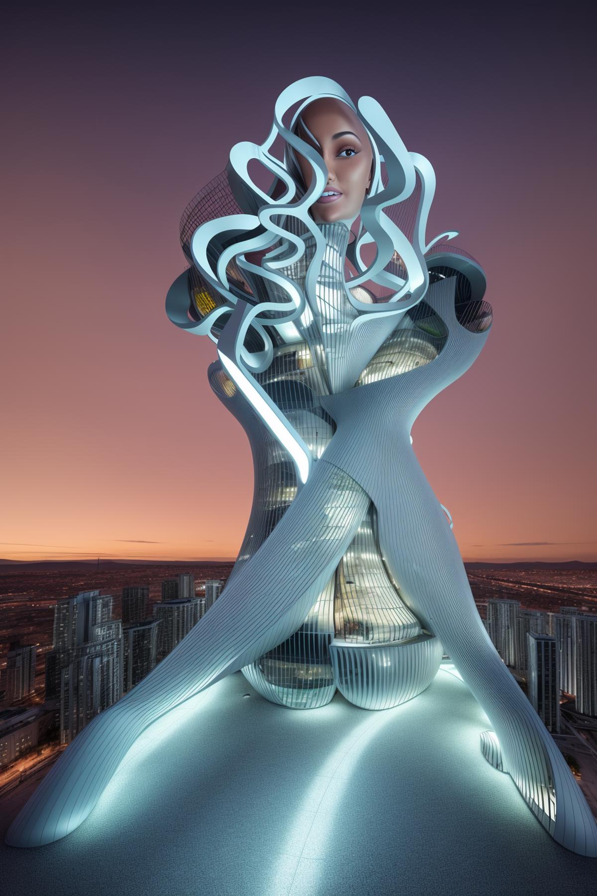 Futuristic cityscape with a massive woman statue in the center.