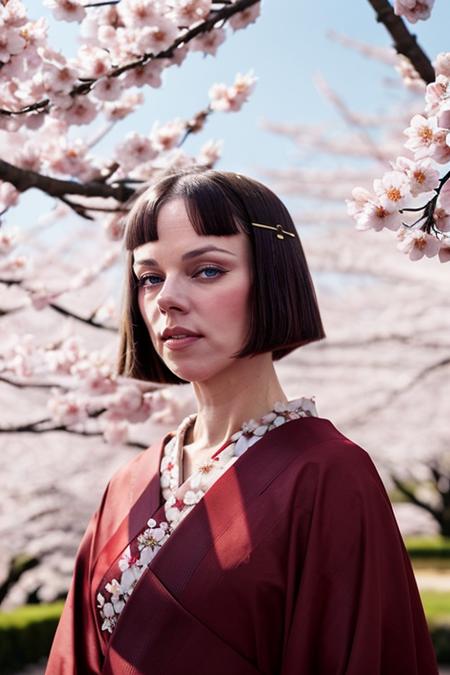 photo of young beautiful attractive d381m4z4r with a-line bob haircut and makeup, wearing a samurai outfit in a cherry blossom garden, detailed face, skin texture, sharp focus, light bokeh