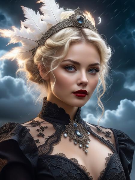 <lora:SS02ImpressionisticPainting_Hap_XL:1>,Thomas Kinkade style,  terpiece, cinematic film still of a blonde beautiful woman, detailed eyes,eyeliner, darkred lipstick, black lace turtleneck dress, tack sharp focus on eyes, Sensual, lustful, seductive,  intricate, ultra detailed, 8k, (in Marc Simonetti style:1.4), (masterpiece:1.2), (A female sentient cloud with a constantly shifting form, adorned in a swirling ensemble of vapor and lightning, a composition inspired by atmospheric phenomena and meteorological patterns, wearing unique Avant-garde masterpiece attire and headdress:1.1), (illuminated by the ethereal glow of the moon and stars, set against the backdrop of a vast open sky filled with swirling clouds and distant thunderstorms:1.1), (hyperdetailed:1.1), (intricate details:1.0), (Refined details:1.1), (best quality:1.1), (very stylish detailed modern haircut, mesmerizing detailed radiant face, mesmerizing detailed beautiful eyes:1.2)