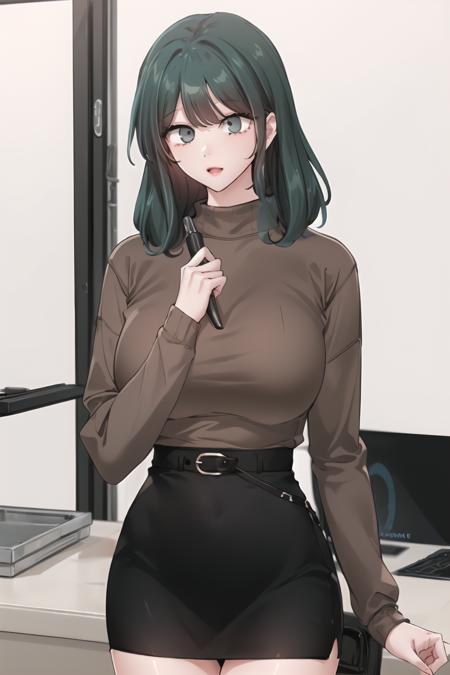 <lora:YelenaYerin_CC_V2:1> yelenadef, green hair, green eyes, medium hair
turtleneck sweater, brown sweater, long sleeves, black skirt,
masterpiece, best quality,