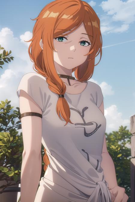 flamme, long hair, (green eyes:1.5), (swept bangs:1.5), braid, orange hair, single braid, braided ponytail, dress, collarbone, choker, white dress, short sleeves,