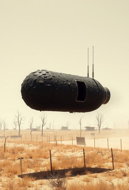 A small personal spacecraft for one person, cylindrical in shape, (flat black) extremely rough textured exterior surface, short antennas, flying low to the ground, dead trees, dry brown grass, low fences and small cinderblock buildings, high sun, bleached colors, dust blowing, lifeless surroundings