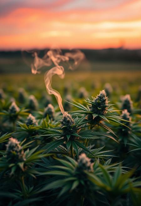 vibrant cannabis field, (lush green leaves:1.4), (sunset glow:1.2) casting warm light over the plants, (detailed textures:1.5), smoke swirling softly in the air, (cannabis buds:1.3) glistening with trichomes, peaceful and serene atmosphere, (natural light:1.4), wide field stretching into the distance, (colorful sky:1.2) with shades of pink and orange, (high-definition:1.6), (ultra-realistic textures:1.5), close-up details of cannabis plants, (soft focus in the background:1.2), modern, laid-back aesthetic, perfect for a cannabis culture feature, chill and relaxed vibe, (overexposed:-1.4), (unnatural colors:-1.5), (blurry:-1.6), (low-resolution:-1.7), (harsh lighting:-1.5), (distorted textures:-1.6)