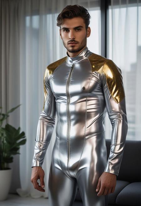 two strong 24-year-old italian hunk males, with a side fringe curtains hairstyle, detailed face, confused expressions, wearing a skin tight silver latex suits with gold and gray latex details, standing at attention posture, fullbody shot, on a modern living room, looking to the camera, detailed face, professional photography, shot on sony a 7RIII , looking to the camera,  detailed skin face and eyes, natural lighting ,  film grain, low contrast, natural face,  dark circles under eyes