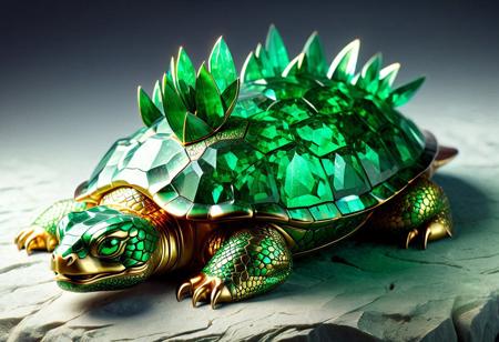 Cinematic, frontal light, Hyper-realistic, detailed, A fantastical creature that is a hybrid of a turtle and a dragon. The body resembles a large, ancient tortoise with a rugged, textured shell that glistens like polished emeralds under the sunlight. Its shell is adorned with intricate golden patterns that resemble ancient runes. The head is that of a dragon, featuring sharp, elongated horns that curl back elegantly, and fierce, glowing amber eyes that exude wisdom and power. Scales cover parts of its neck and limbs, shimmering in shades of deep green and bronze. Large, leathery wings extend from its back, resembling those of a dragon but with a unique, scaly texture similar to that of a turtle's shell. The creature stands majestically on a rocky cliff overlooking a mystical forest, surrounded by swirling mist and ethereal lights. Its presence radiates strength and tranquility, embodying the essence of both land and sky.