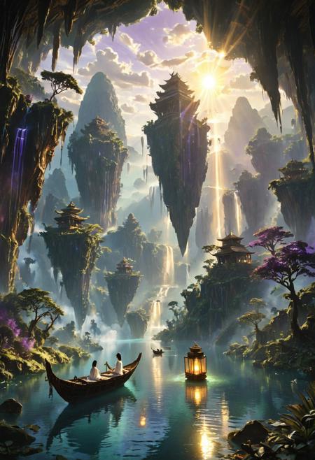 Majestic floating mountains inspired by the natural stone spires of Southeast Asia, covered in lush green tropical vegetation and partially shrouded in mist. A vast blue ocean surrounds a chain of floating islands suspended in the sky, with cascading waterfalls falling endlessly into the sea below. Warm sunlight filters through scattered clouds, creating golden sunbeams that illuminate the cliffs and treetops. A lone wooden boat with a lantern drifts quietly on a calm lake far below, with a figure sitting peacefully under a straw hat, wearing a loose white shirt. The sky is filled with soft purples and oranges of the late afternoon, creating a serene and magical atmosphere. Hyper-realistic details, cinematic lighting, natural colors, sharp focus, inspired by the landscapes of Avatar and Southeast Asian karst mountains. --floating island, cliff, ocean, mountain, jungle, clouds, sunbeam, realistic nature, dreamy
<lora:crazy landscape:0.8>