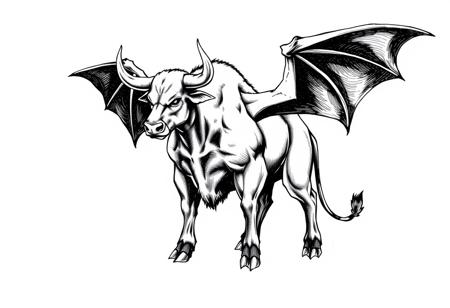 fantasy, ink art, comic style art, bull is standing with four feet, feet has 3 claws, bat wings, muscular , looking at left