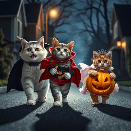 Ultra realistic. white grey brown happy cat with a vampire costume, a small hamster with hero costume,  a orange cat on a princess costume carring a carved pumpkin with candies,  walking on a suburban street, trick or treating houses, midnight light, shadows of real monsters behind them