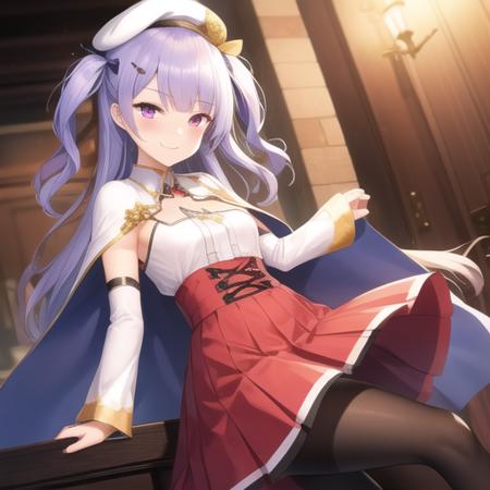 (masterpiece, best quality:1.2),illustration,8k,hd,1girl,solo,upper body,(portrait:1.2),ajax (azur lane),aiguillette,bangs,beret,black legwear,brown footwear,capelet,detached sleeves,hair ornament,hairclip,hat,high-waist skirt,loafers,long hair,long sleeves,pantyhose,pink eyes,purple hair,red skirt,ribbon,skirt,sleeves past wrists,smile,two side up,white hat,yellow ribbon,<lora:Ajax(azur)>,