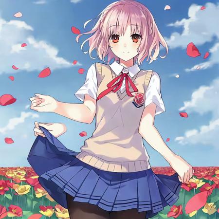 <lora:linmi:1>,1girl, original, (masterpiece), (illustration), (extremely fine and beautiful), perfect detailed, photorealistic, (beautiful and clear background:1.25), (depth of field:0.7), bow, hat flower, skirt, bottomless, standing, clothes lift, short hair, looking at viewer, full body, 1girl, breasts, school uniform, neck ribbon, pantyhosesky, cloud, day, flower, petals, flower field