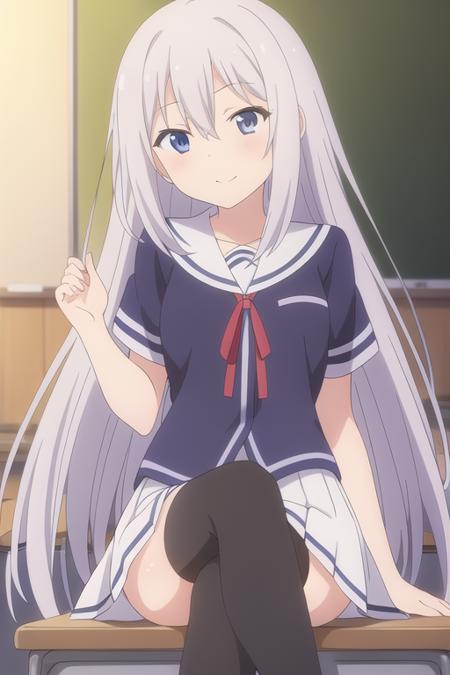 masterpiece, best quality,1girl,solo,anime screencap, natsukawa masuzu,blue eyes, grey hair,hair between eyes,very long hair,straight hair,neck ribbon, school uniform,white skirt,blue shirt,black thighhighs,<lora:masuzu:0.6>,
