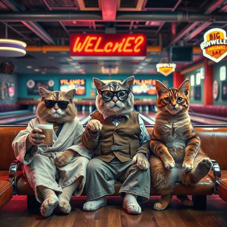 A highly detailed and humorous photo of three anthropomorphic cats recreating the iconic bowling alley scene from *The Big Lebowski*. The characters are sitting in the bowling alley lounge, each with distinct personalities: one cat as The Dude, wearing a robe and sunglasses with a relaxed expression, holding a White Russian; another as Walter Sobchak, wearing aviator glasses and a vest, with an intense look, gesturing as if mid-rant; and the third as Donny, looking clueless and attentive. The retro bowling alley features neon lighting, classic wooden lanes, and vintage seating. The perspective is cinematic, capturing the quirky yet laid-back atmosphere of the film. High-definition, vivid colors, and a film-inspired composition.