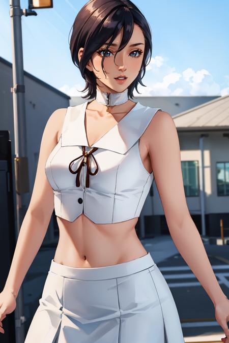 mamip2, short hair, black hair, midriff, choker, crop top, makeup, white skirt