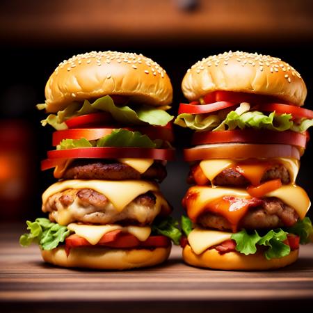 photo (QuadBurger style:1) a couple of hamburgers sitting next to each other <lora:djzQuadBurgerV21:1>