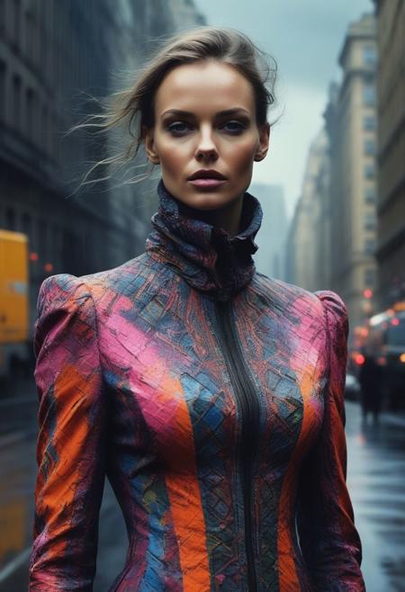 A captivating mixed media portrait by Tibor Nagy, showcasing a dark fantasy character dressed in a vibrant, patterned outfit. The character's face is portrayed with loose, impasto brush strokes, giving it a textured and dynamic appearance. The intriguing background merges graffiti-style urban art with a cinematic cityscape, featuring tall buildings and a dramatic, stormy sky. This striking artwork combines various styles and elements to create a unique and unforgettable visual experience that transcends traditional boundaries., poster, portrait photography, conceptual art, fashion, dark fantasy, vibrant, cinematic, illustration, graffiti, 3d render, painting, photo