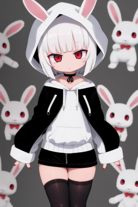 1girl, solo, thighhighs, red eyes, long sleeves,white hair,short hair, looking at viewer, rabbit ears,bangs, puffy long sleeves, red nails, jacket, standing, skindentation,puffy sleeves, hoodie jacket, black choker,rabbit hood, zettai ryouiki