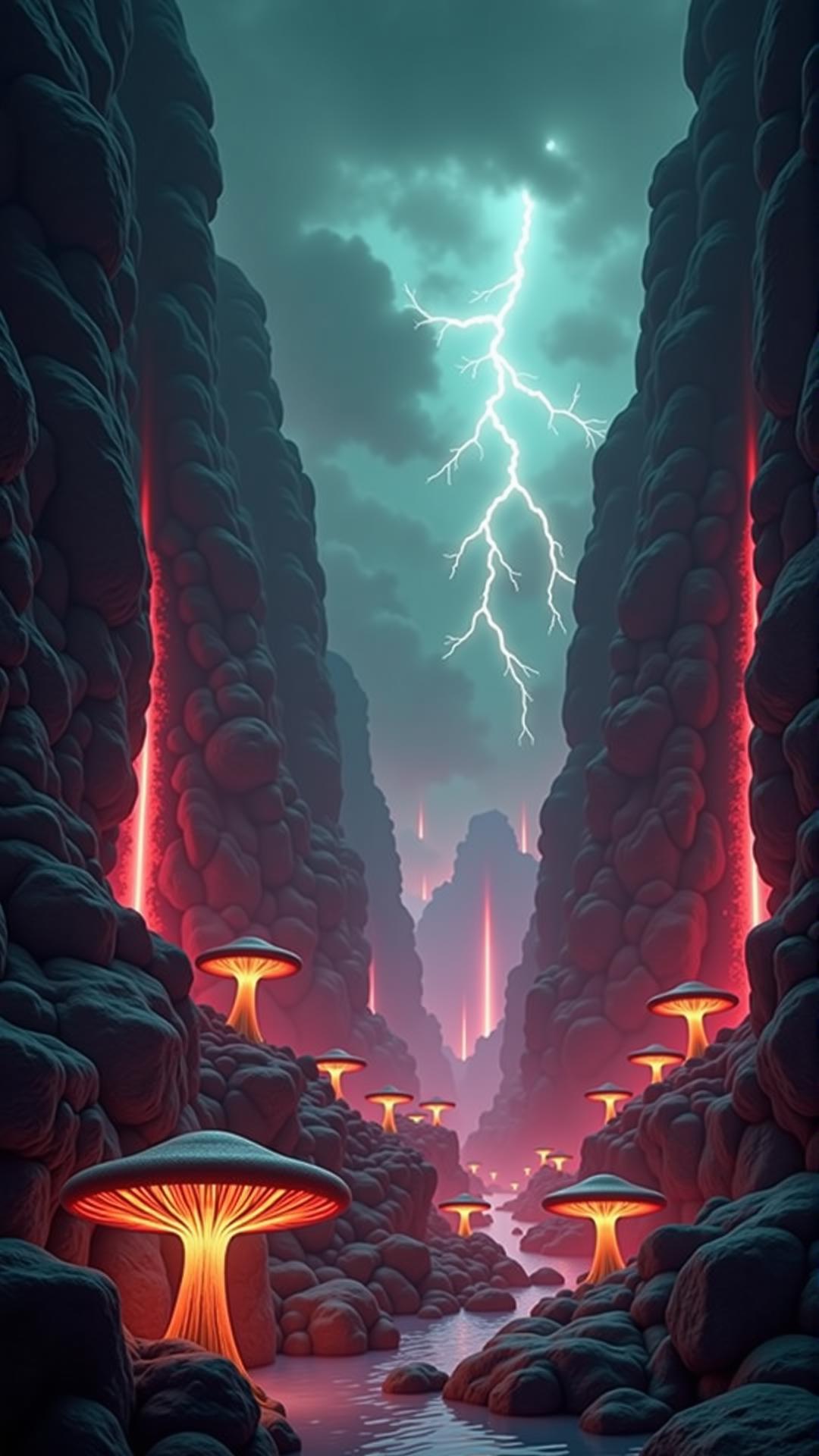 A surreal canyon where the walls are made of living, pulsating veins of crystal, each one glowing with an intense internal light that shifts in color from deep reds to vibrant purples and greens. The canyon floor is covered in a thick mist that glows softly in the dim light, swirling around enormous, glowing mushrooms that stretch up toward the sky. Above, the sky is a churning mass of dark clouds, flashing occasionally with brilliant lightning that illuminates the landscape in brief, surreal bursts. Strange, geometric shapes float through the air, casting long, angular shadows on the canyon walls.