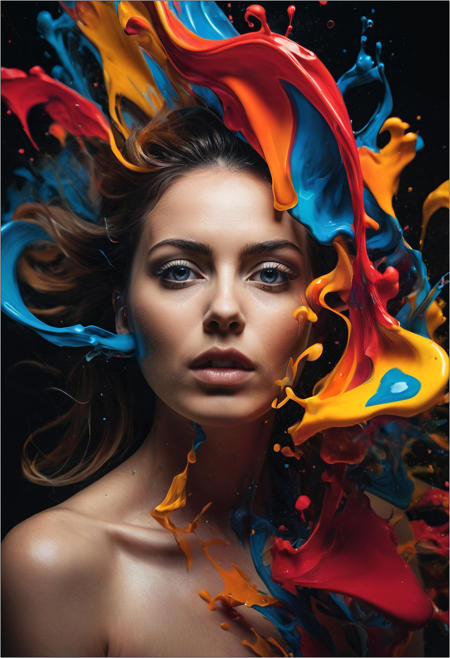 a bold, expressive portrait,(blended inks:1.1), (super contrasty subject:1.1), (bold colors:1.2), dramatic pose, intense expression, vibrant tones, high contrast, dynamic movement, ethereal swirls, abstract elements, fluid shapes, artistic composition, stark shadows, sharp highlights, smooth gradients, soft edges, imaginative visual, captivating mood, striking details, fine art photography, surreal ambiance, vibrant splashes, elegant lines, creative fusion, modern aesthetics, vivid saturation, unique perspective, soft focus, painterly feel, 50mm lens, f/1.8, artistic depth, contemporary style, avant-garde