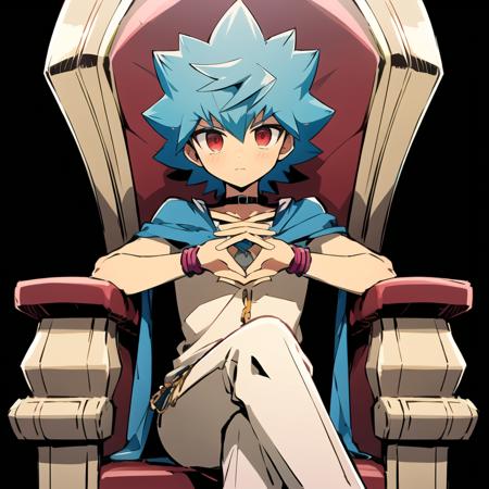 <lora:Luke-10:0.8>, (extremely detailed:1.2),(highly detailed:1.1),(best quality:1.1),(masterpiece:1.1), 1boy, solo,  Luke, red eyes, jewelry, blue hair, choker, spiked hair, throne, royal cape, sitting, royal crown, wearing crown, kingly outfit, <lyco:GoodHands-beta2 (1):1.0>, nice hands, perfect hands