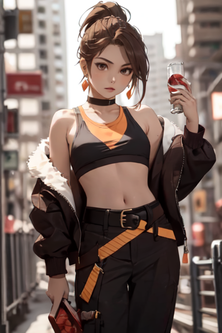 BitcozerKhor, <lora:BitcozerKhor:1>, 1girl, solo, brown hair, navel, holding, brown eyes, jewelry, jacket, ponytail, earrings, small breasts, midriff, belt, pants, off shoulder, black jacket, crop top, black pants, sunglasses, tank top, 