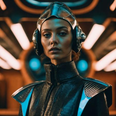a woman in a futuristic suit with a helmet on her head and a sci - fi, Android Jones, sci fi, cyberpunk art, retrofuturism,  high quality, film grain <lora:polyhedron_skinny_all:1> <lora:more_details:0.4>